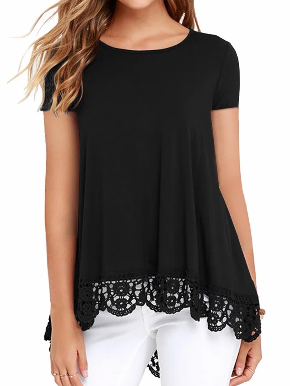 QIXING Black Crochet-Hem Short Sleeve Swing Top NWT